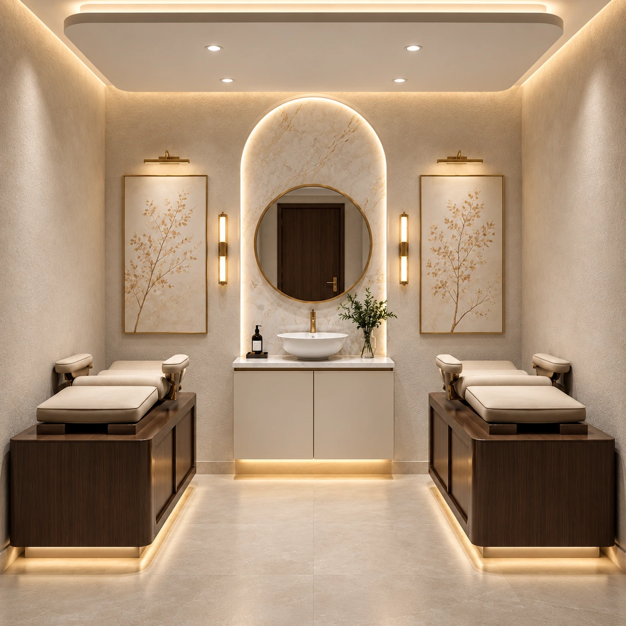 Cream care lounge with two reclining chairs and a circular mirror
