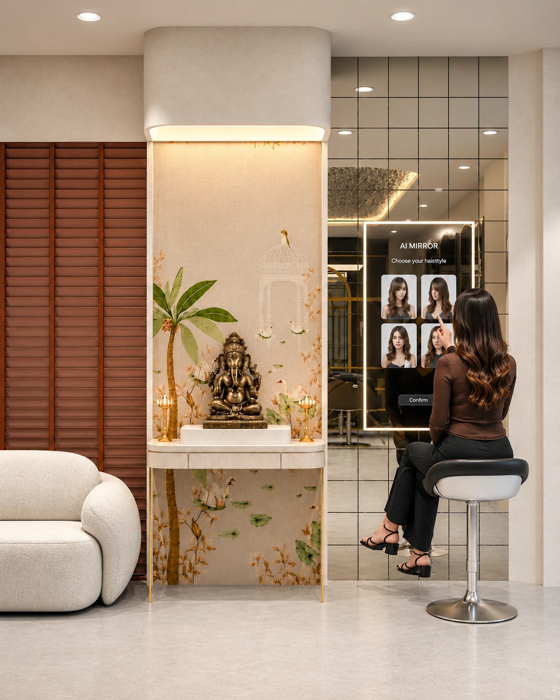 Mirror corner beside a decorative wall niche and lounge seating