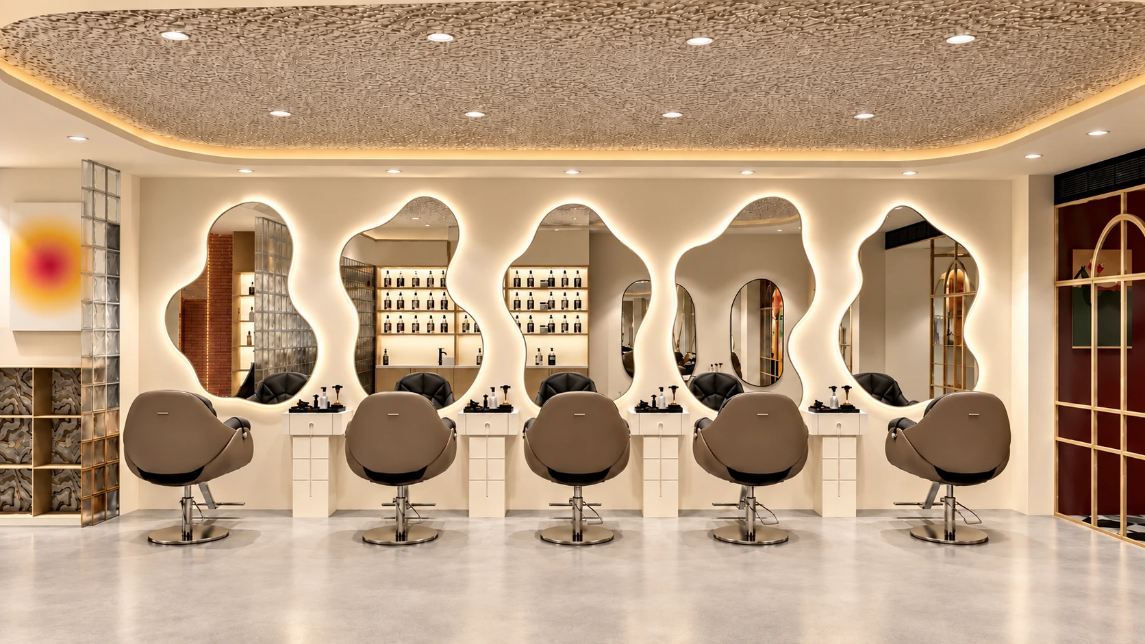 Amiro Salon’s styling floor with sculptural illuminated mirrors
