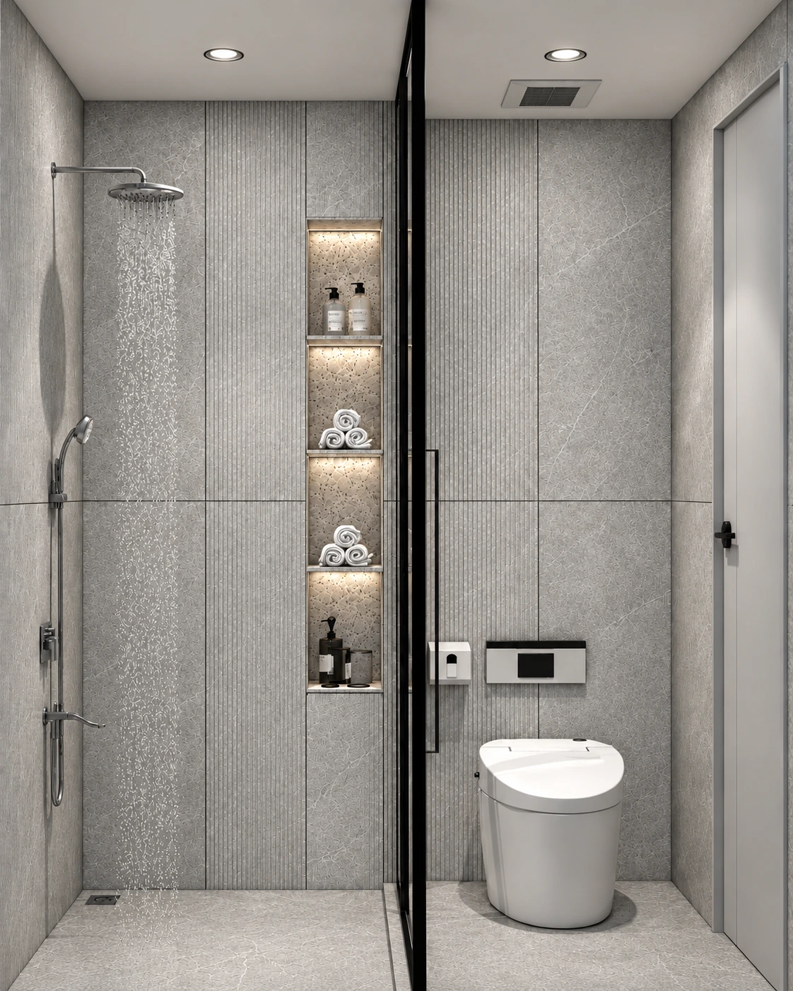 Grey washroom with a glass shower enclosure and illuminated shelving